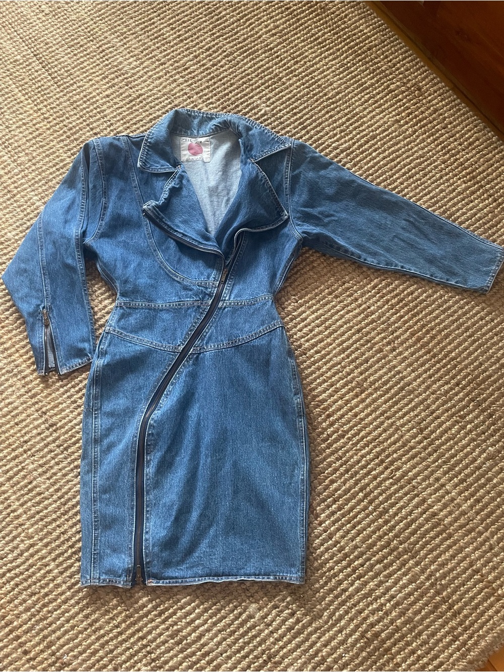 Women's Blue Denim Santana dress Asymmetrical Zip Jean Jacket Dress waist 27